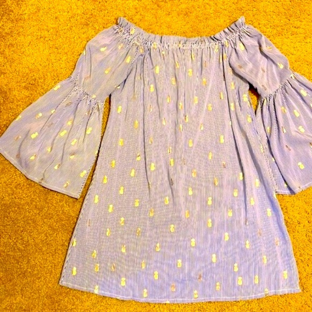 Solitaire Swim Coverup/top Blue White Golden Pineapples Size Medium